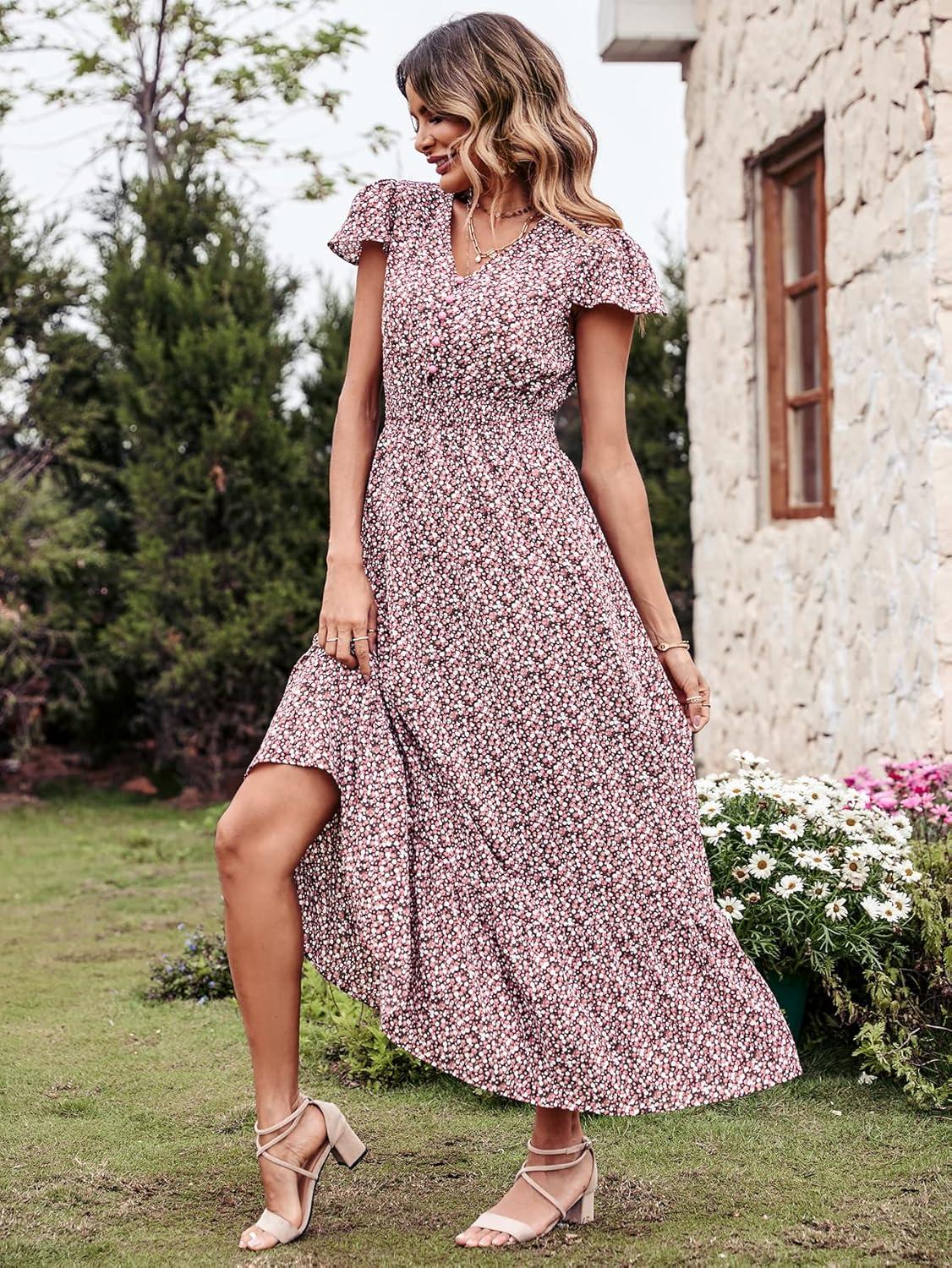 imagePRETTYGARDEN Womens Dresses 2026 Summer Maxi Dress Boho Short Sleeve V Neck Swiss Dot Ruffle Tiered Smocked Flowy Long DressCoffee Pink