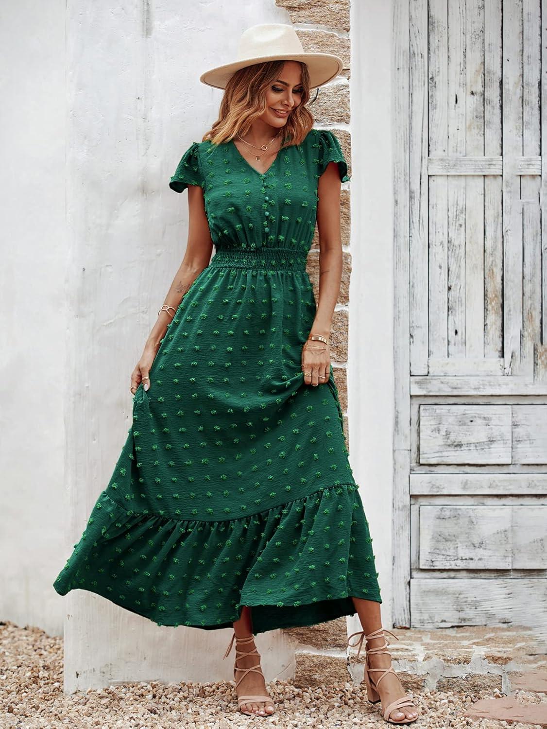imagePRETTYGARDEN Womens Dresses 2026 Summer Maxi Dress Boho Short Sleeve V Neck Swiss Dot Ruffle Tiered Smocked Flowy Long DressDark Green