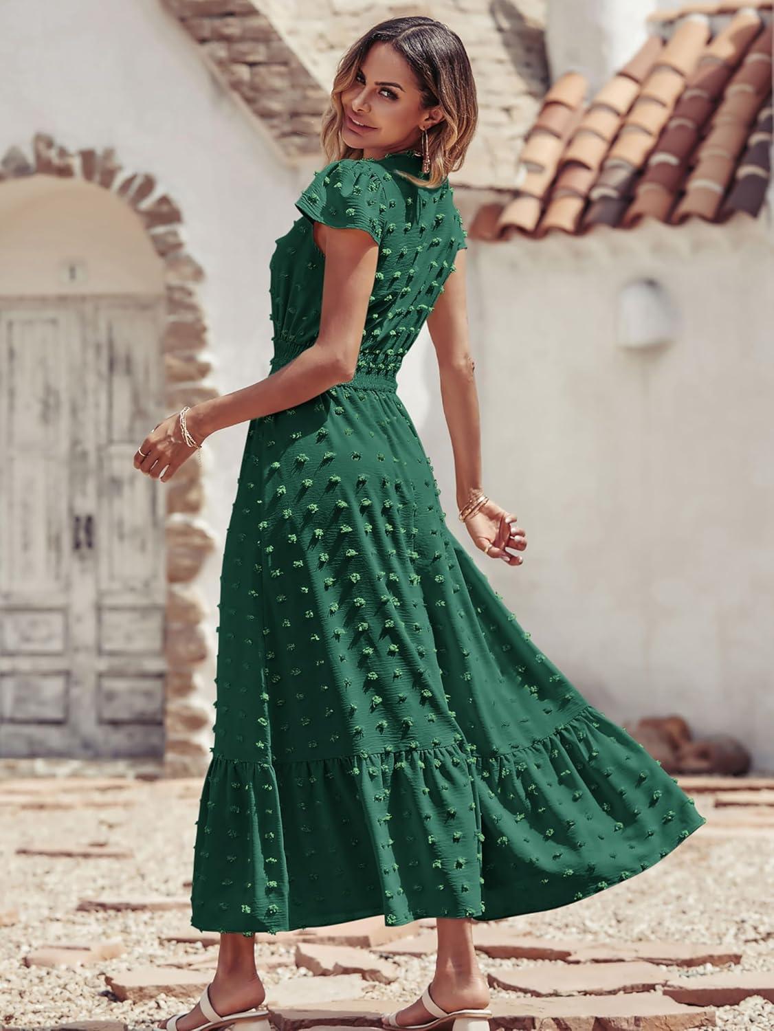 imagePRETTYGARDEN Womens Dresses 2026 Summer Maxi Dress Boho Short Sleeve V Neck Swiss Dot Ruffle Tiered Smocked Flowy Long DressDark Green