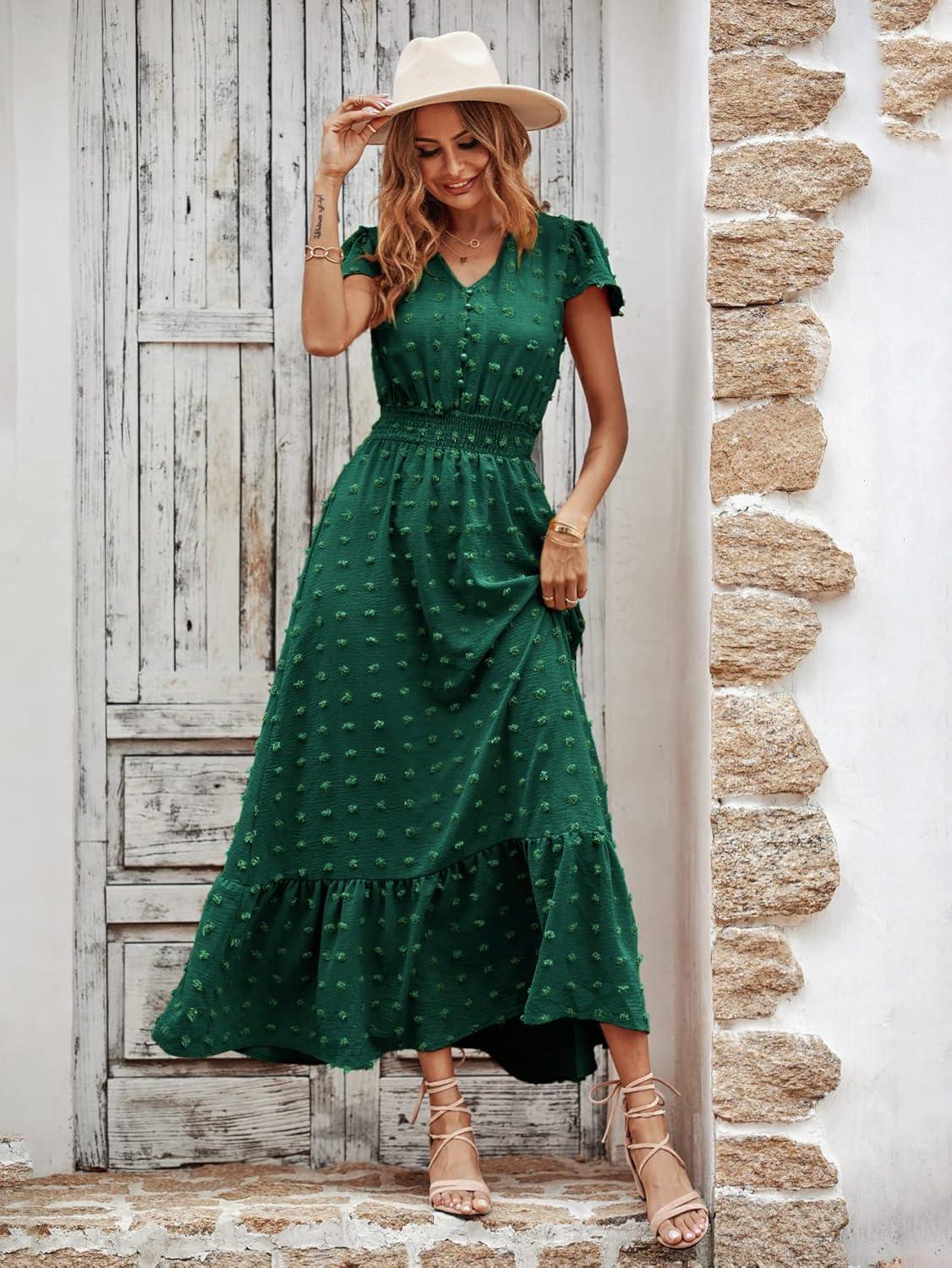 imagePRETTYGARDEN Womens Dresses 2026 Summer Maxi Dress Boho Short Sleeve V Neck Swiss Dot Ruffle Tiered Smocked Flowy Long DressDark Green