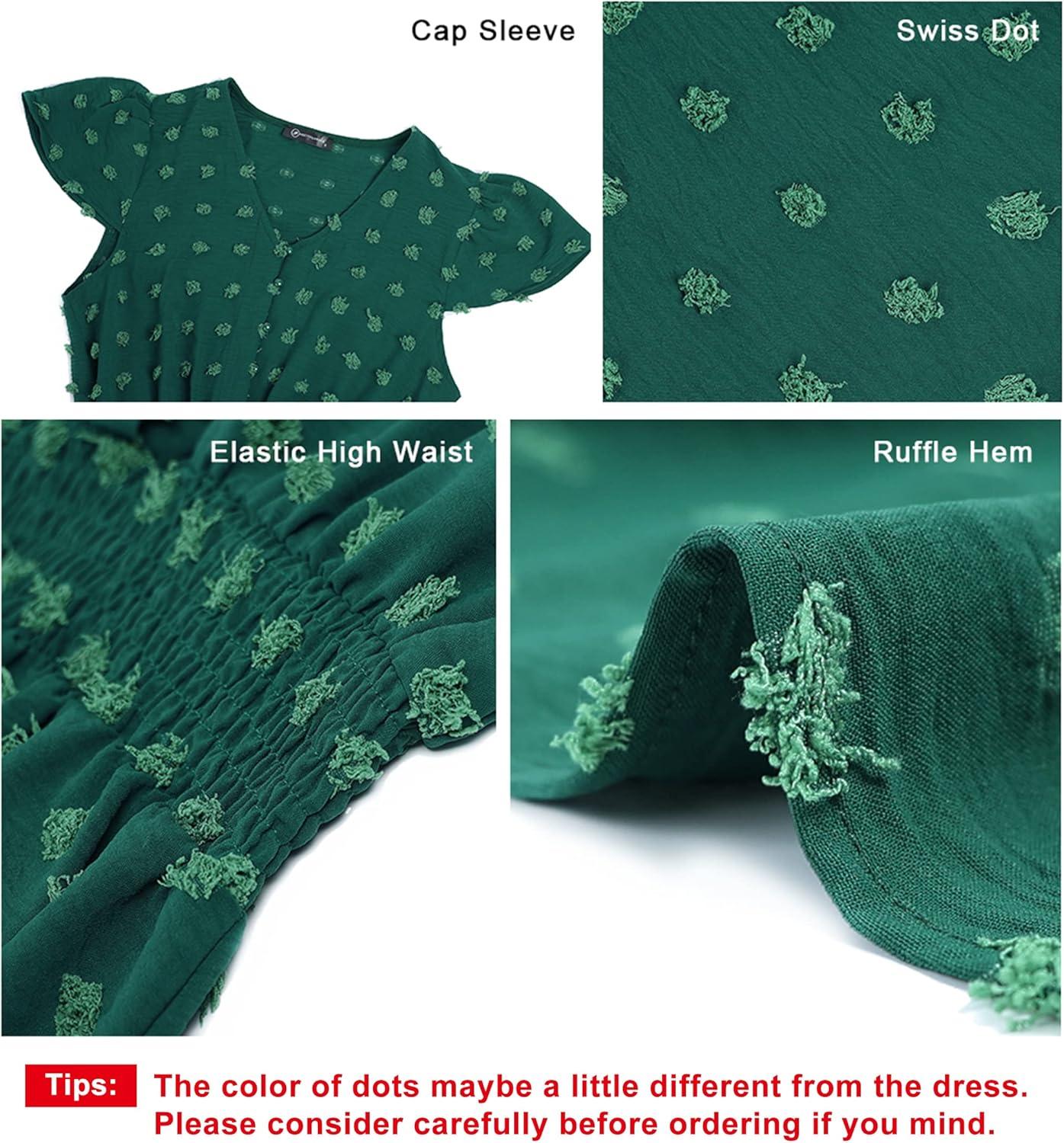 imagePRETTYGARDEN Womens Dresses 2026 Summer Maxi Dress Boho Short Sleeve V Neck Swiss Dot Ruffle Tiered Smocked Flowy Long DressDark Green