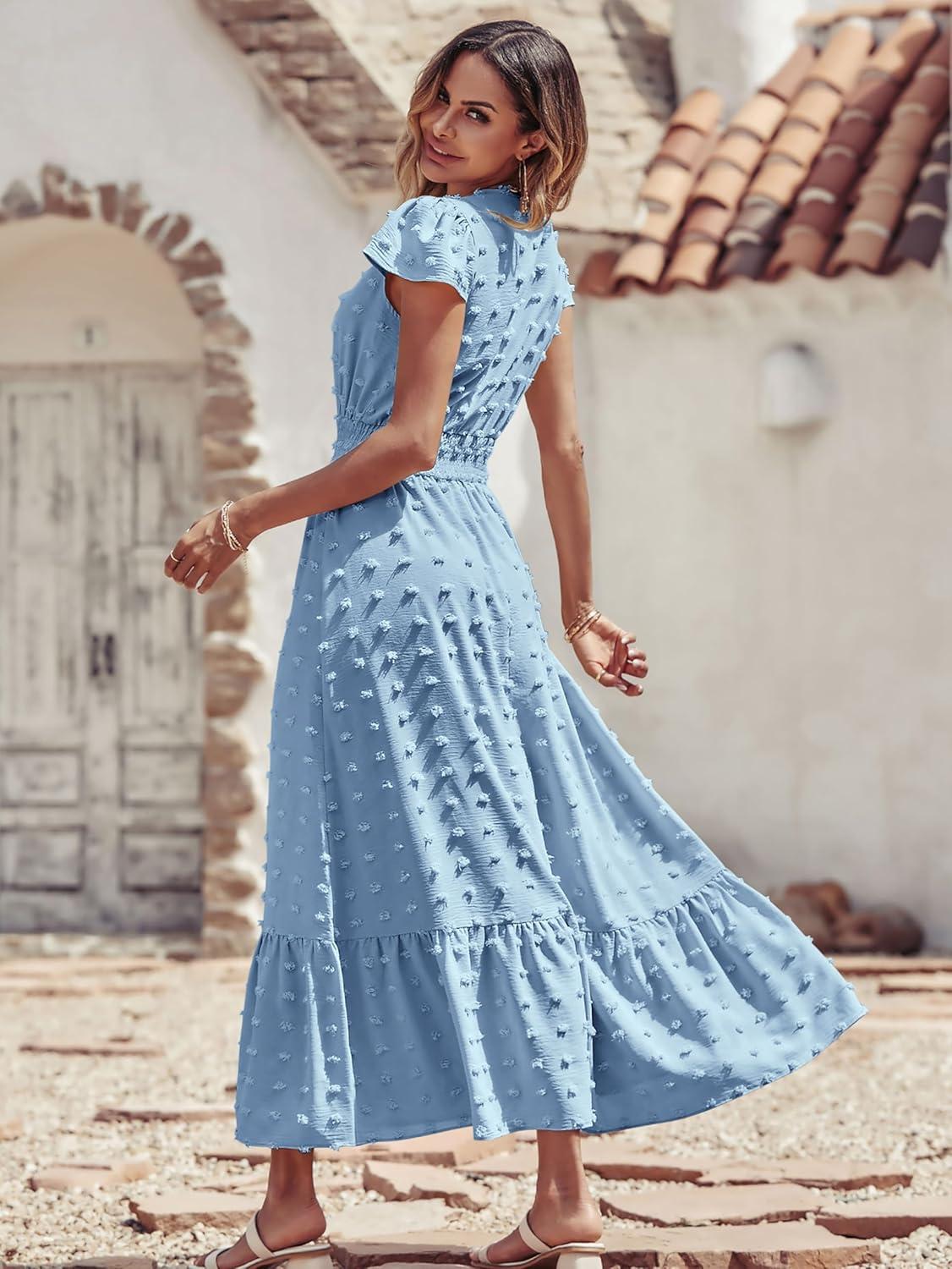 imagePRETTYGARDEN Womens Dresses 2026 Summer Maxi Dress Boho Short Sleeve V Neck Swiss Dot Ruffle Tiered Smocked Flowy Long DressLight Blue