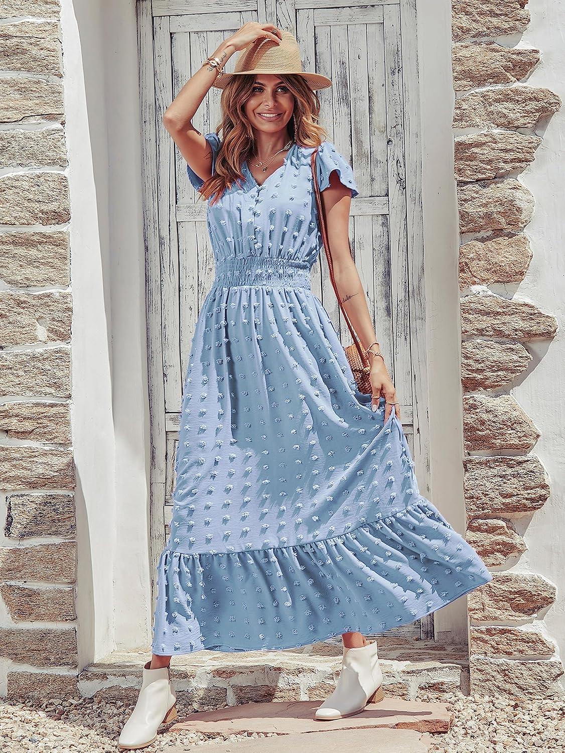 imagePRETTYGARDEN Womens Dresses 2026 Summer Maxi Dress Boho Short Sleeve V Neck Swiss Dot Ruffle Tiered Smocked Flowy Long DressLight Blue