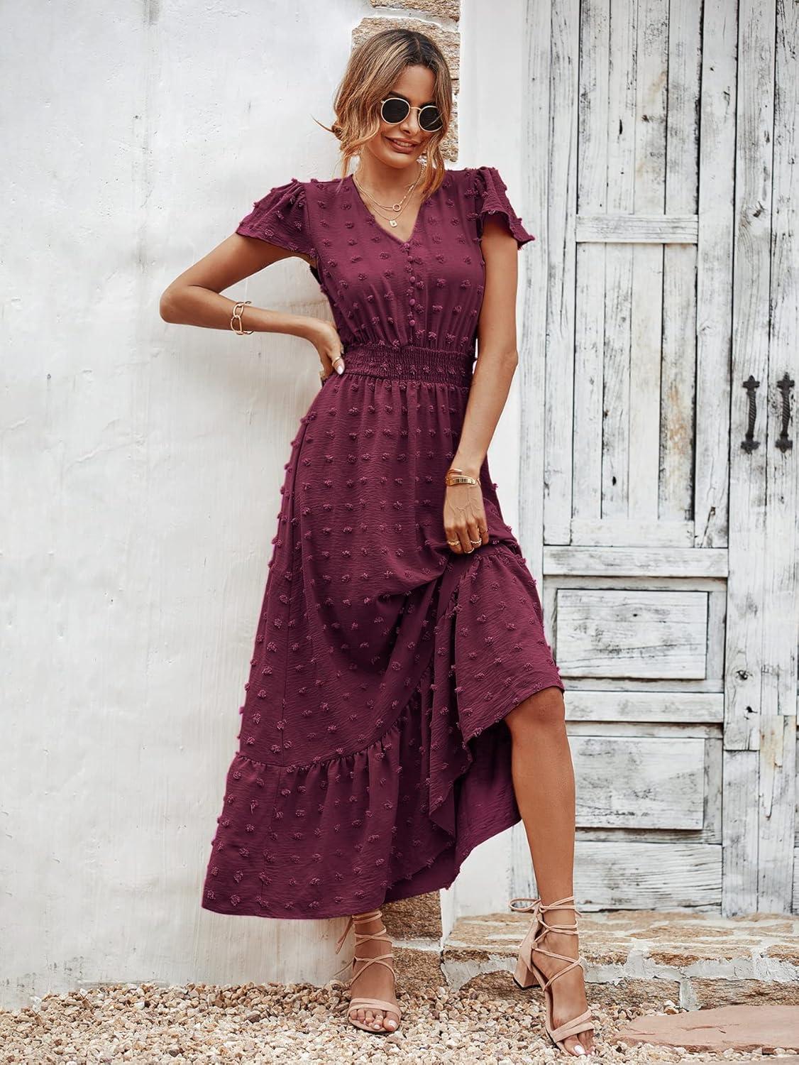 imagePRETTYGARDEN Womens Dresses 2026 Summer Maxi Dress Boho Short Sleeve V Neck Swiss Dot Ruffle Tiered Smocked Flowy Long DressWine Red