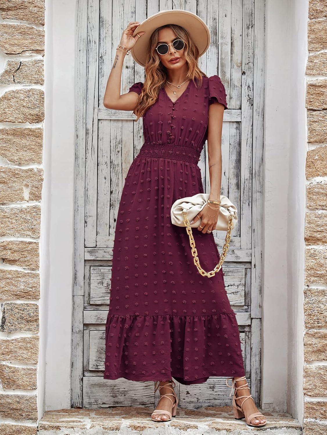 imagePRETTYGARDEN Womens Dresses 2026 Summer Maxi Dress Boho Short Sleeve V Neck Swiss Dot Ruffle Tiered Smocked Flowy Long DressWine Red