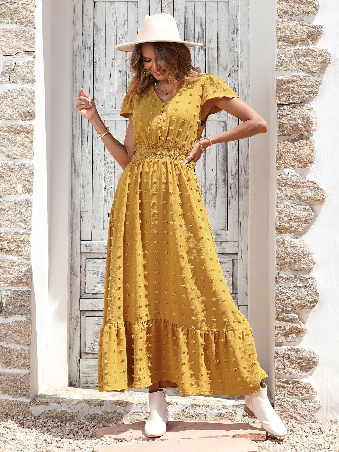imagePRETTYGARDEN Womens Dresses 2026 Summer Maxi Dress Boho Short Sleeve V Neck Swiss Dot Ruffle Tiered Smocked Flowy Long DressYellow