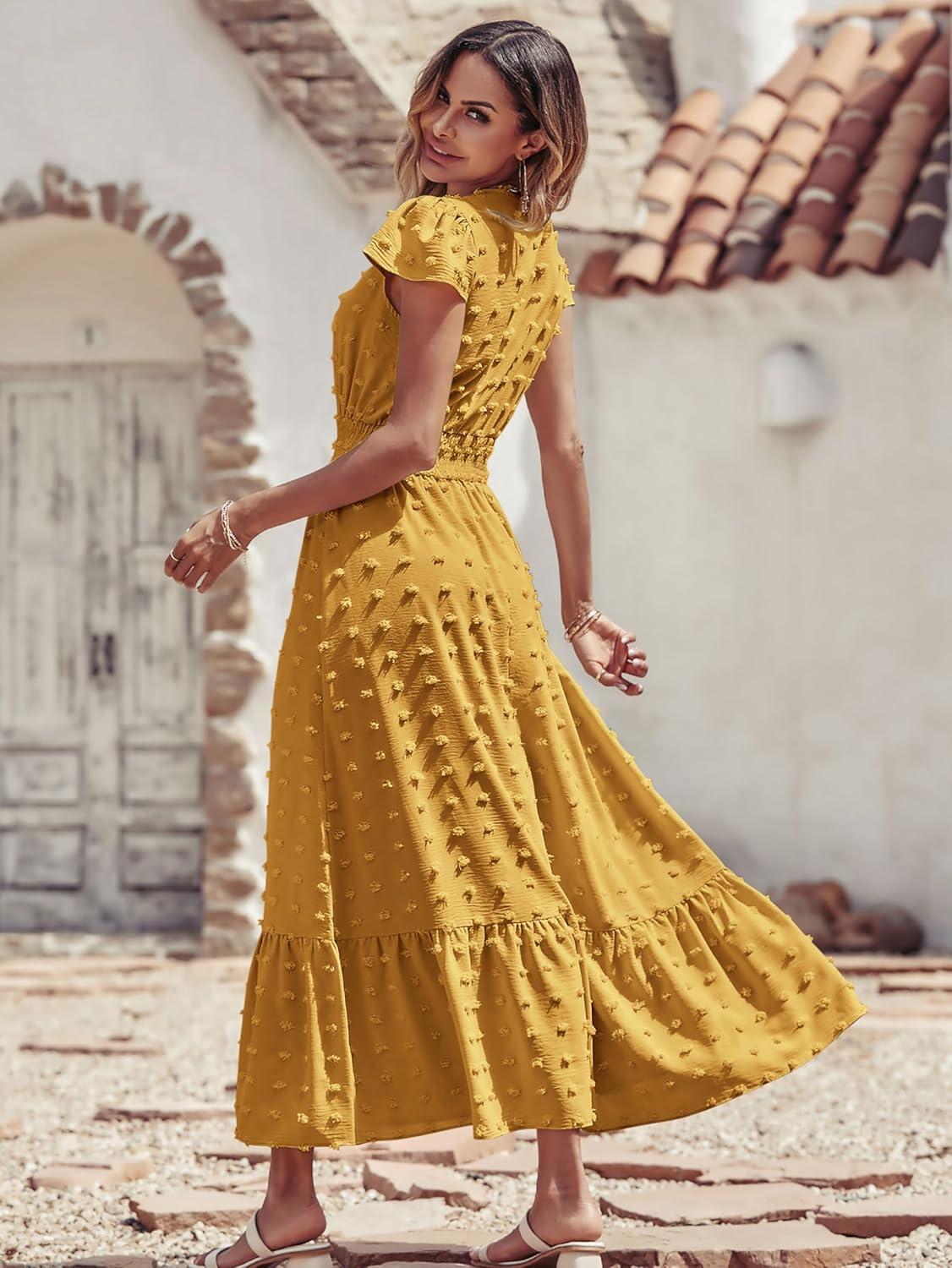 imagePRETTYGARDEN Womens Dresses 2026 Summer Maxi Dress Boho Short Sleeve V Neck Swiss Dot Ruffle Tiered Smocked Flowy Long DressYellow