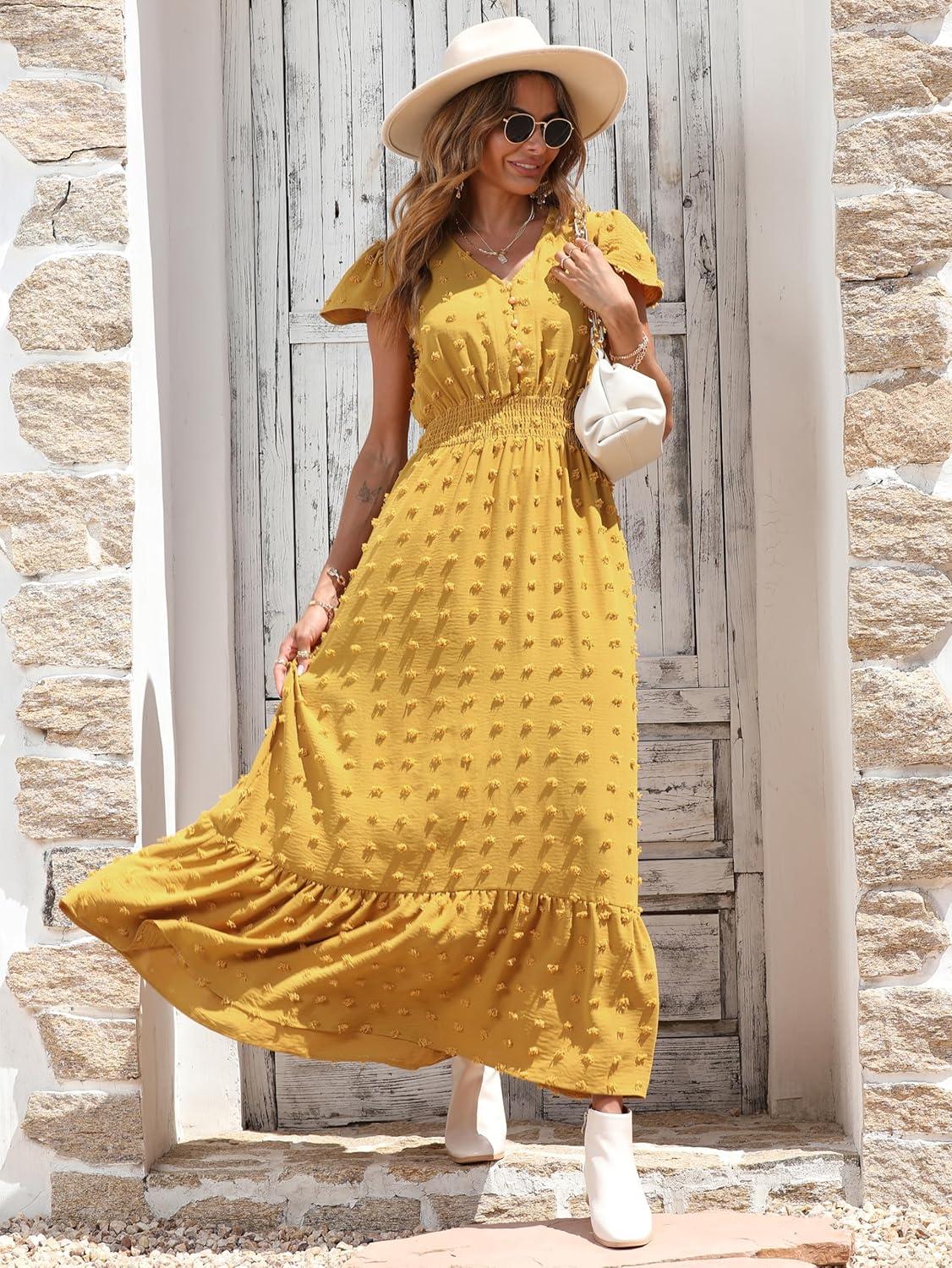 imagePRETTYGARDEN Womens Dresses 2026 Summer Maxi Dress Boho Short Sleeve V Neck Swiss Dot Ruffle Tiered Smocked Flowy Long DressYellow