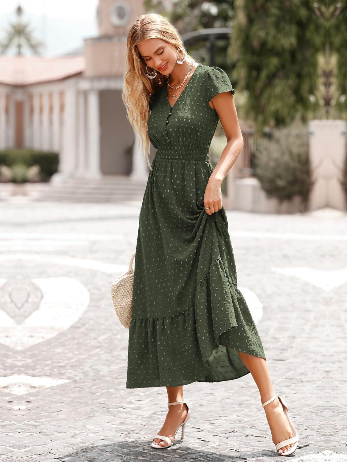imagePRETTYGARDEN Womens Dresses 2026 Summer Maxi Dress Boho Short Sleeve V Neck Swiss Dot Ruffle Tiered Smocked Flowy Long DressZ02army Green