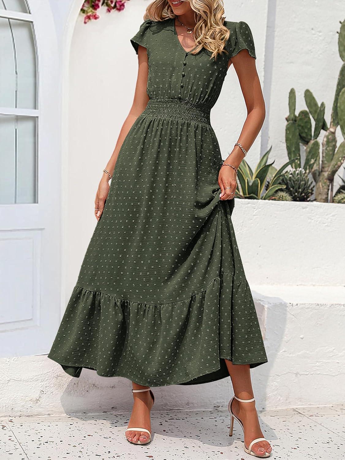 imagePRETTYGARDEN Womens Dresses 2026 Summer Maxi Dress Boho Short Sleeve V Neck Swiss Dot Ruffle Tiered Smocked Flowy Long DressZ02army Green