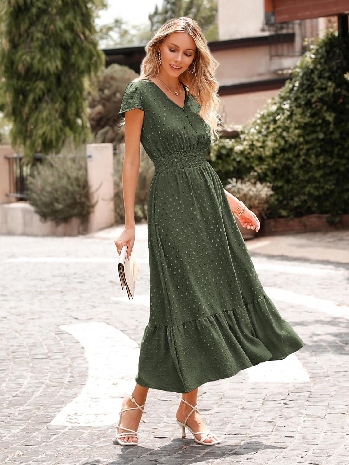 imagePRETTYGARDEN Womens Dresses 2026 Summer Maxi Dress Boho Short Sleeve V Neck Swiss Dot Ruffle Tiered Smocked Flowy Long DressZ02army Green