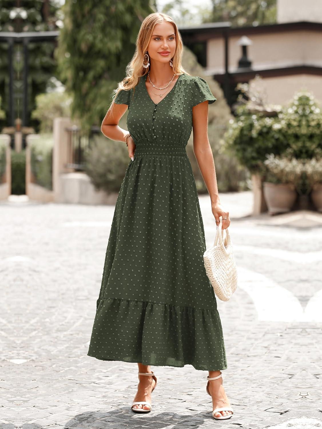 imagePRETTYGARDEN Womens Dresses 2026 Summer Maxi Dress Boho Short Sleeve V Neck Swiss Dot Ruffle Tiered Smocked Flowy Long DressZ02army Green