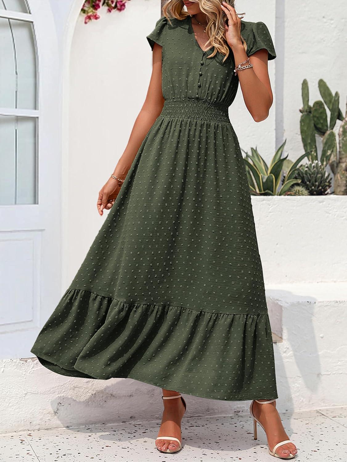 imagePRETTYGARDEN Womens Dresses 2026 Summer Maxi Dress Boho Short Sleeve V Neck Swiss Dot Ruffle Tiered Smocked Flowy Long DressZ02army Green