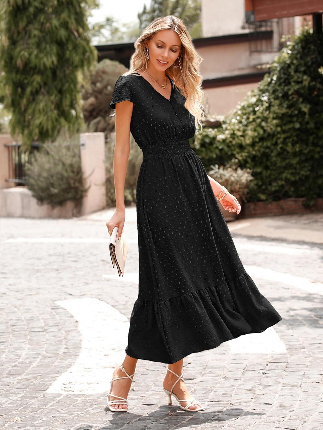 imagePRETTYGARDEN Womens Dresses 2026 Summer Maxi Dress Boho Short Sleeve V Neck Swiss Dot Ruffle Tiered Smocked Flowy Long DressZ02black