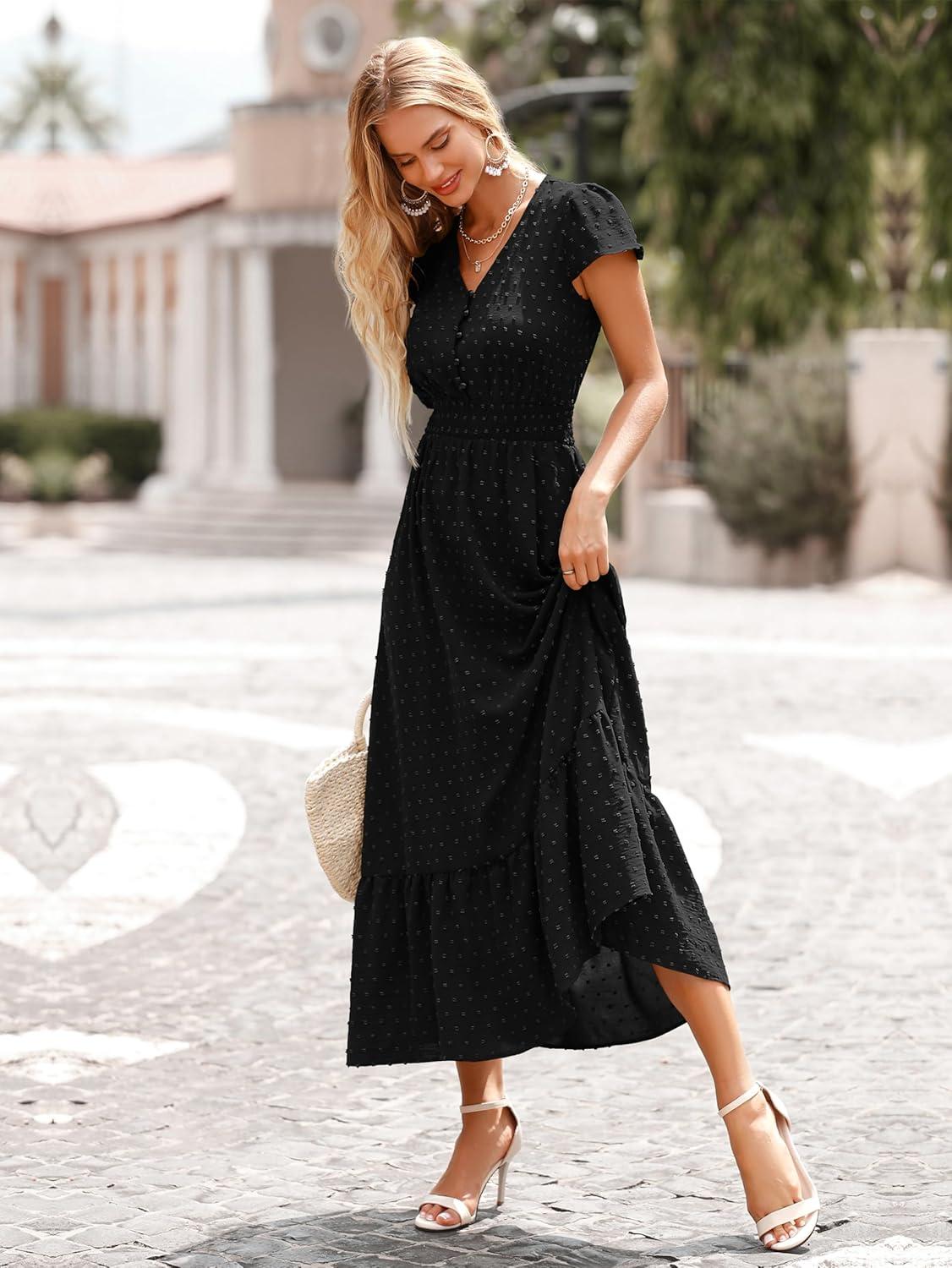 imagePRETTYGARDEN Womens Dresses 2026 Summer Maxi Dress Boho Short Sleeve V Neck Swiss Dot Ruffle Tiered Smocked Flowy Long DressZ02black
