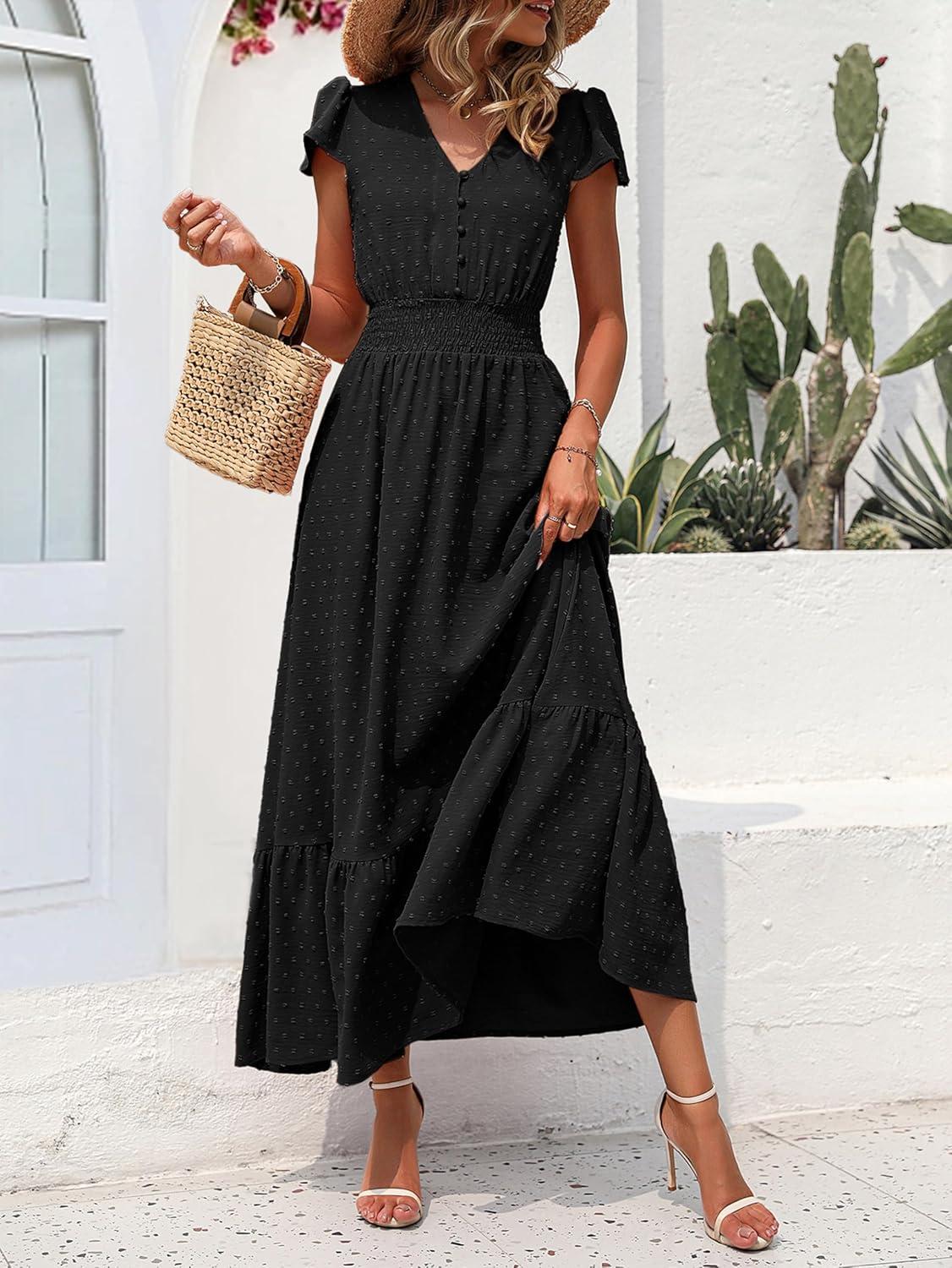 imagePRETTYGARDEN Womens Dresses 2026 Summer Maxi Dress Boho Short Sleeve V Neck Swiss Dot Ruffle Tiered Smocked Flowy Long DressZ02black