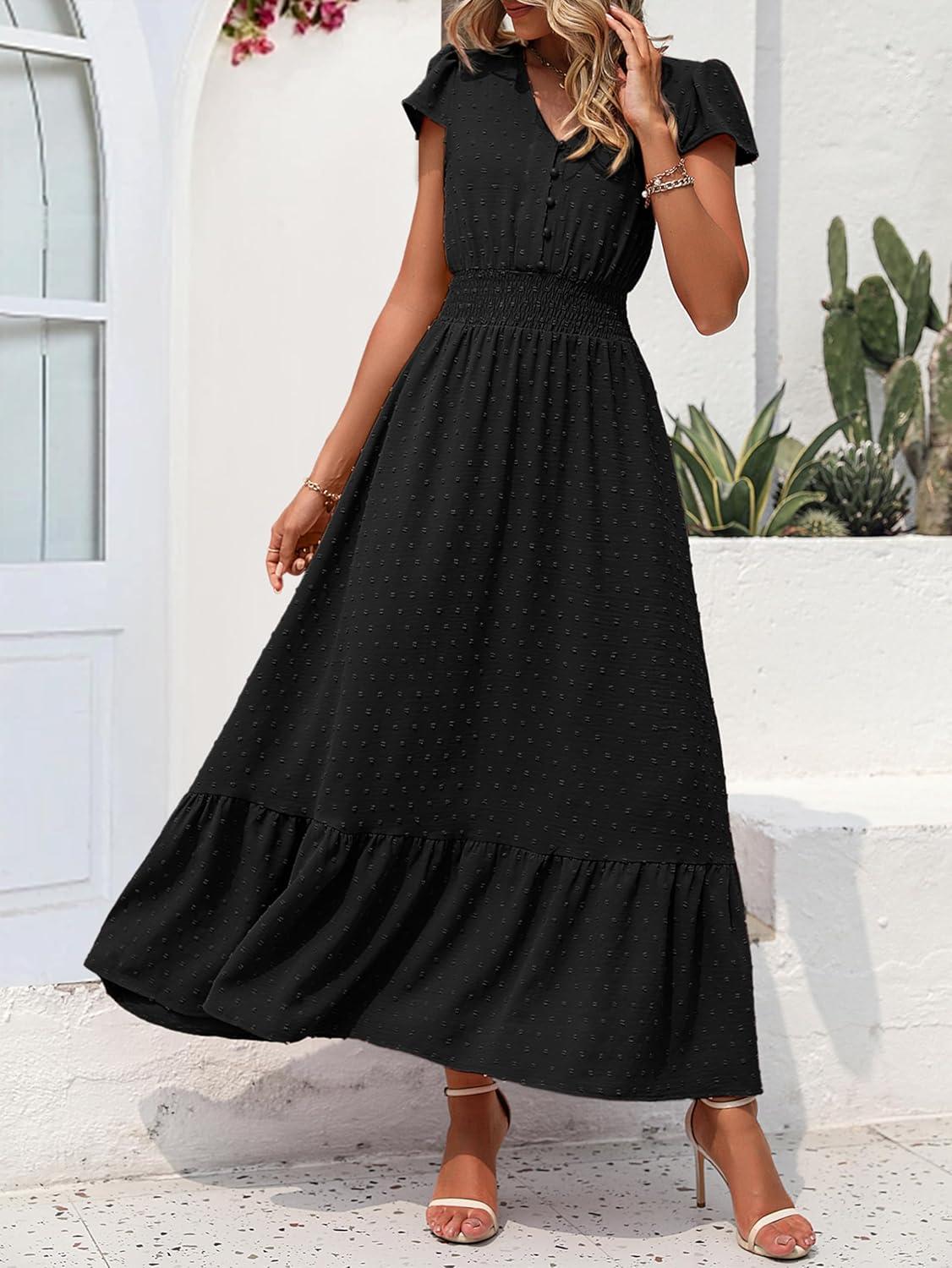 imagePRETTYGARDEN Womens Dresses 2026 Summer Maxi Dress Boho Short Sleeve V Neck Swiss Dot Ruffle Tiered Smocked Flowy Long DressZ02black