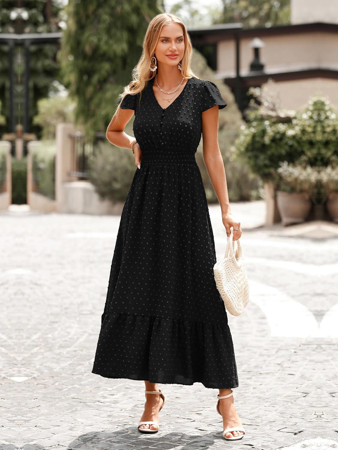 imagePRETTYGARDEN Womens Dresses 2026 Summer Maxi Dress Boho Short Sleeve V Neck Swiss Dot Ruffle Tiered Smocked Flowy Long DressZ02black