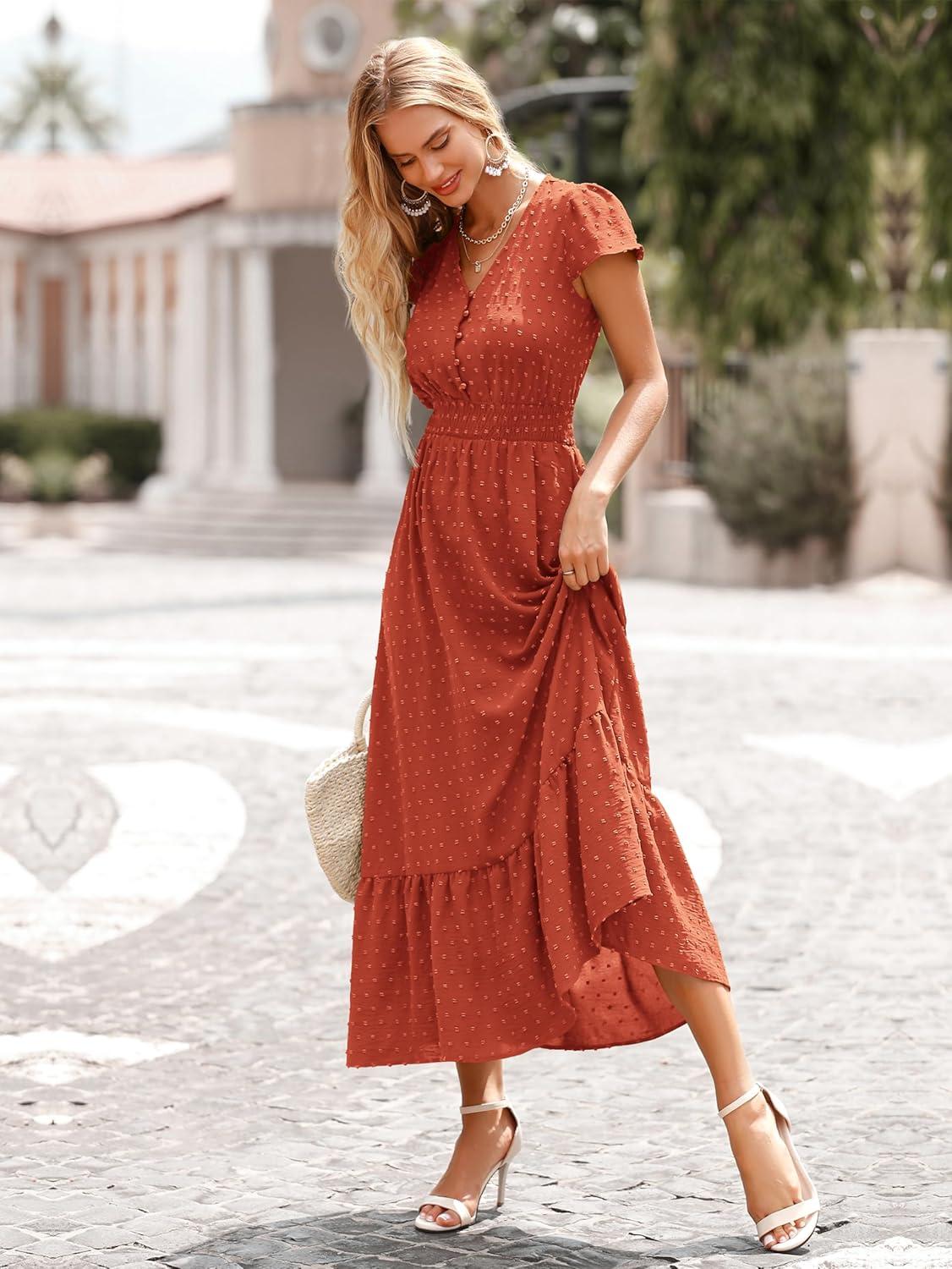 imagePRETTYGARDEN Womens Dresses 2026 Summer Maxi Dress Boho Short Sleeve V Neck Swiss Dot Ruffle Tiered Smocked Flowy Long DressZ02burnt Orange