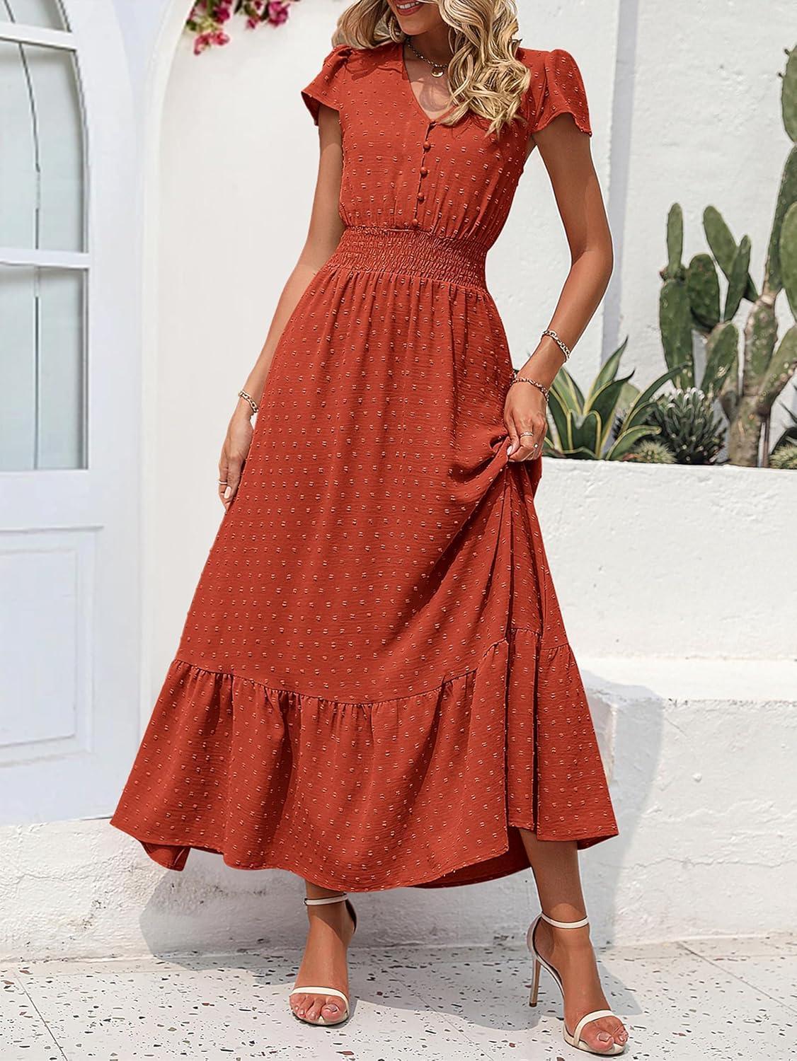 imagePRETTYGARDEN Womens Dresses 2026 Summer Maxi Dress Boho Short Sleeve V Neck Swiss Dot Ruffle Tiered Smocked Flowy Long DressZ02burnt Orange