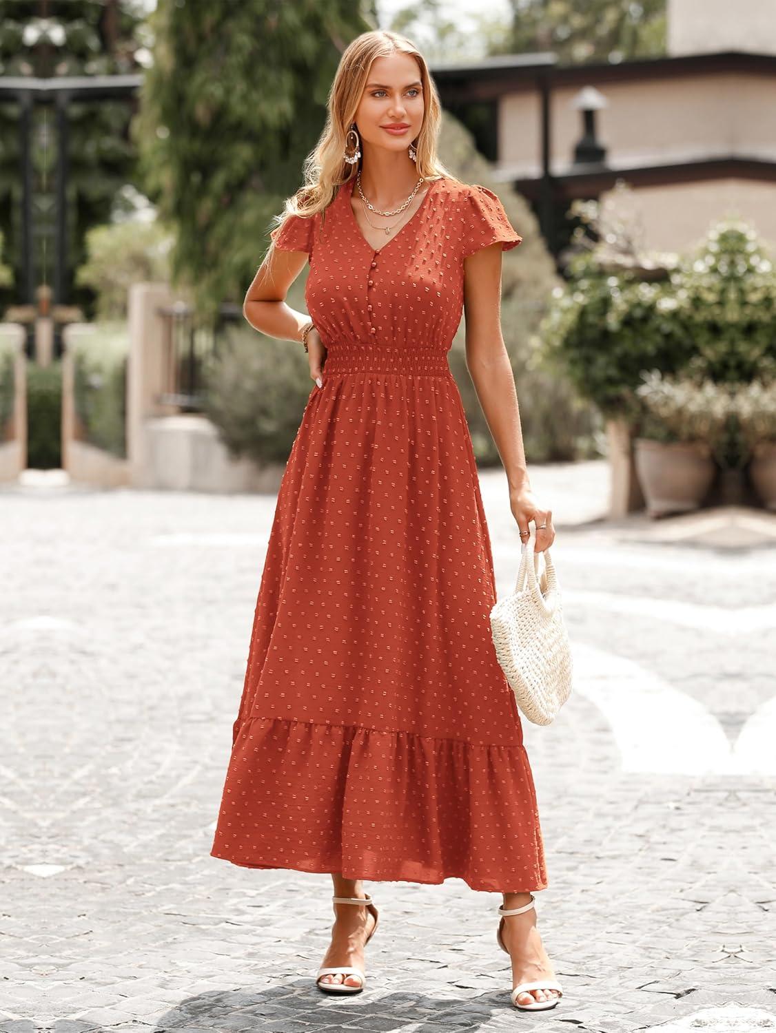imagePRETTYGARDEN Womens Dresses 2026 Summer Maxi Dress Boho Short Sleeve V Neck Swiss Dot Ruffle Tiered Smocked Flowy Long DressZ02burnt Orange