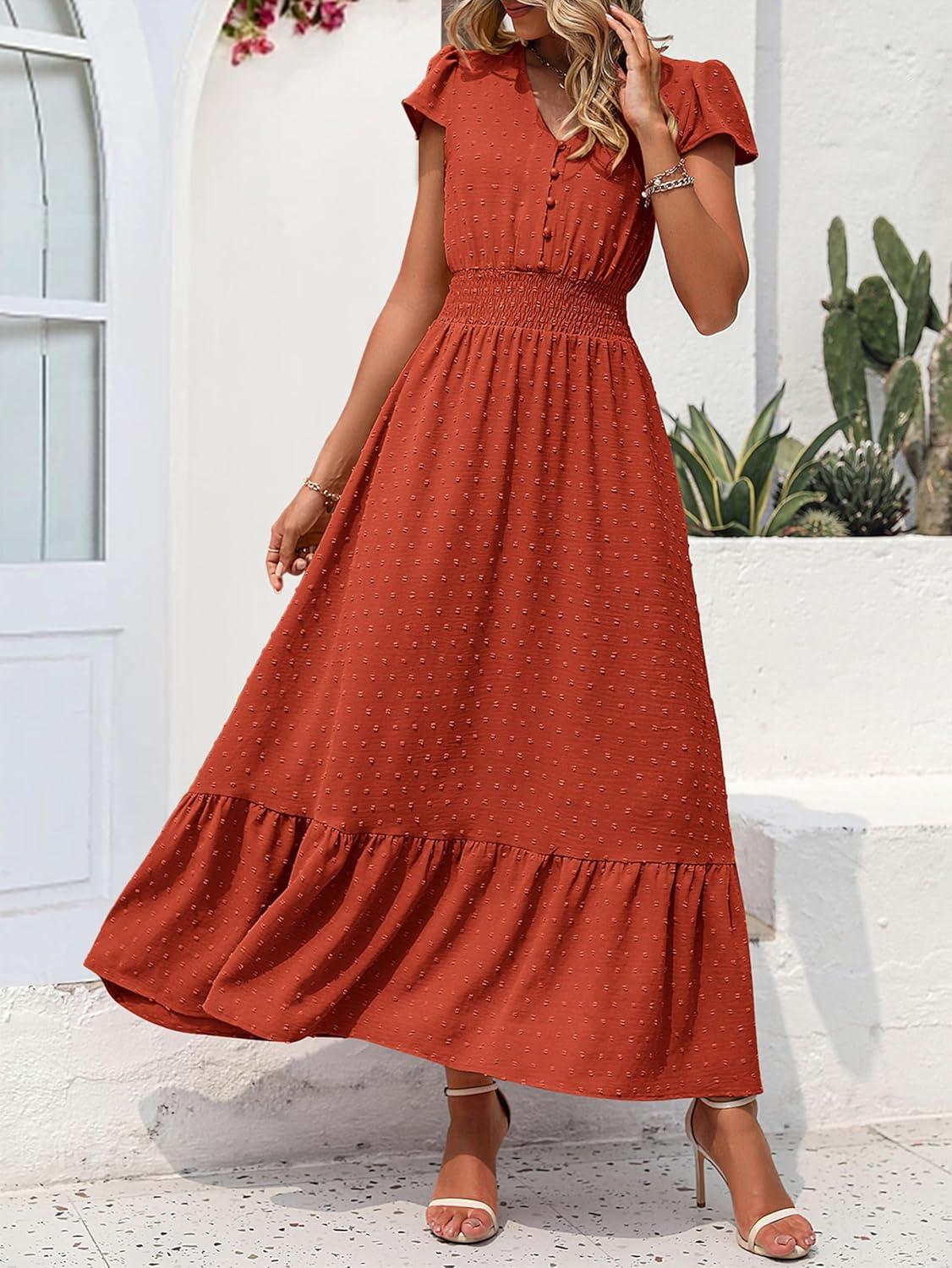 imagePRETTYGARDEN Womens Dresses 2026 Summer Maxi Dress Boho Short Sleeve V Neck Swiss Dot Ruffle Tiered Smocked Flowy Long DressZ02burnt Orange