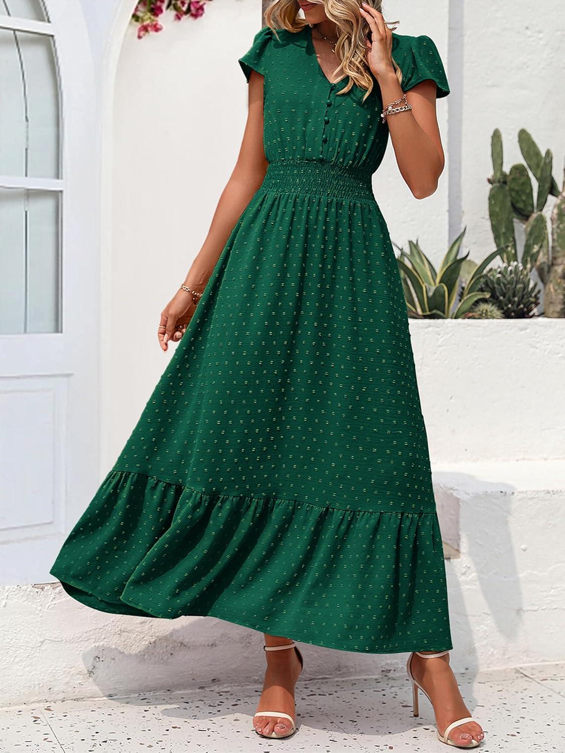 imagePRETTYGARDEN Womens Dresses 2026 Summer Maxi Dress Boho Short Sleeve V Neck Swiss Dot Ruffle Tiered Smocked Flowy Long DressZ02dark Green