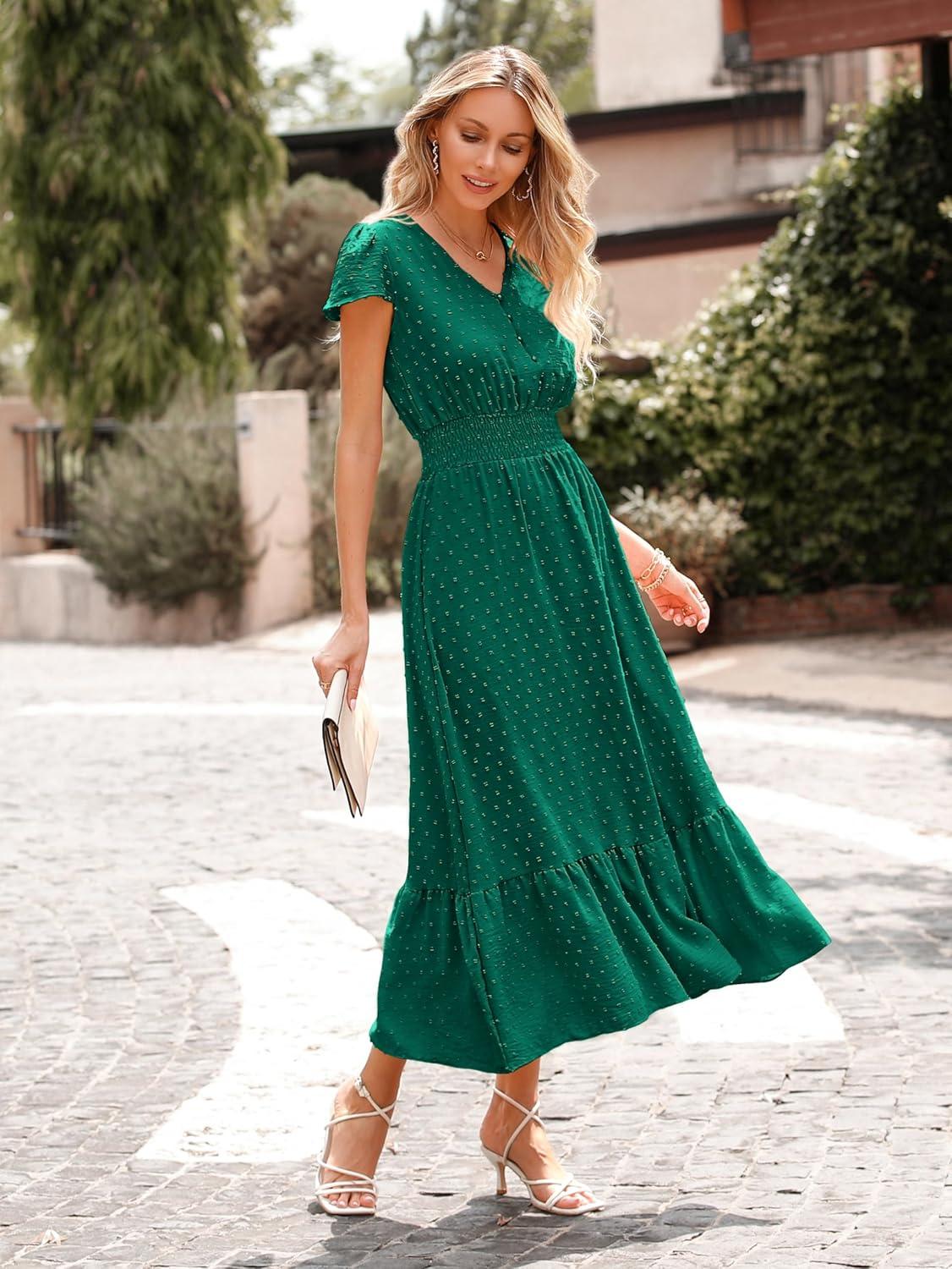 imagePRETTYGARDEN Womens Dresses 2026 Summer Maxi Dress Boho Short Sleeve V Neck Swiss Dot Ruffle Tiered Smocked Flowy Long DressZ02dark Green