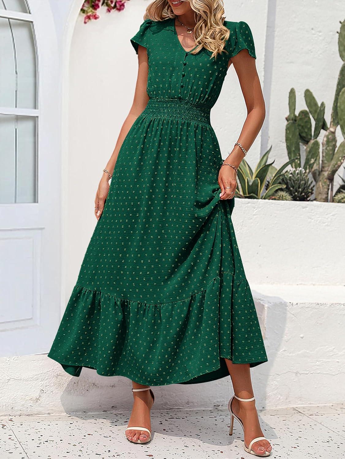 imagePRETTYGARDEN Womens Dresses 2026 Summer Maxi Dress Boho Short Sleeve V Neck Swiss Dot Ruffle Tiered Smocked Flowy Long DressZ02dark Green