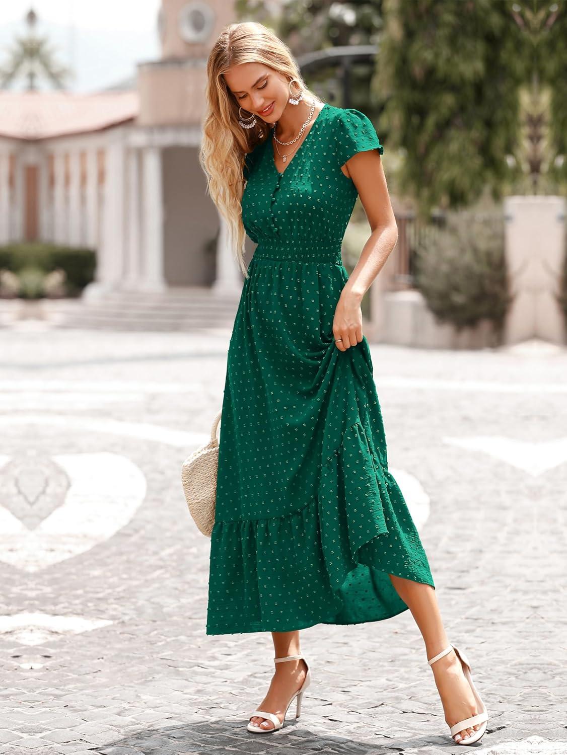imagePRETTYGARDEN Womens Dresses 2026 Summer Maxi Dress Boho Short Sleeve V Neck Swiss Dot Ruffle Tiered Smocked Flowy Long DressZ02dark Green