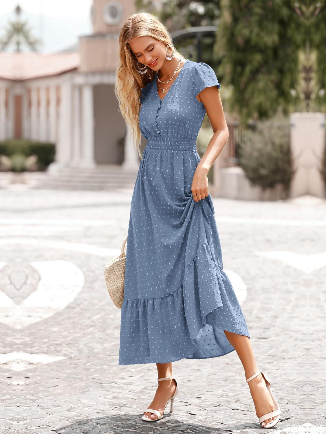 imagePRETTYGARDEN Womens Dresses 2026 Summer Maxi Dress Boho Short Sleeve V Neck Swiss Dot Ruffle Tiered Smocked Flowy Long DressZ02grey Blue