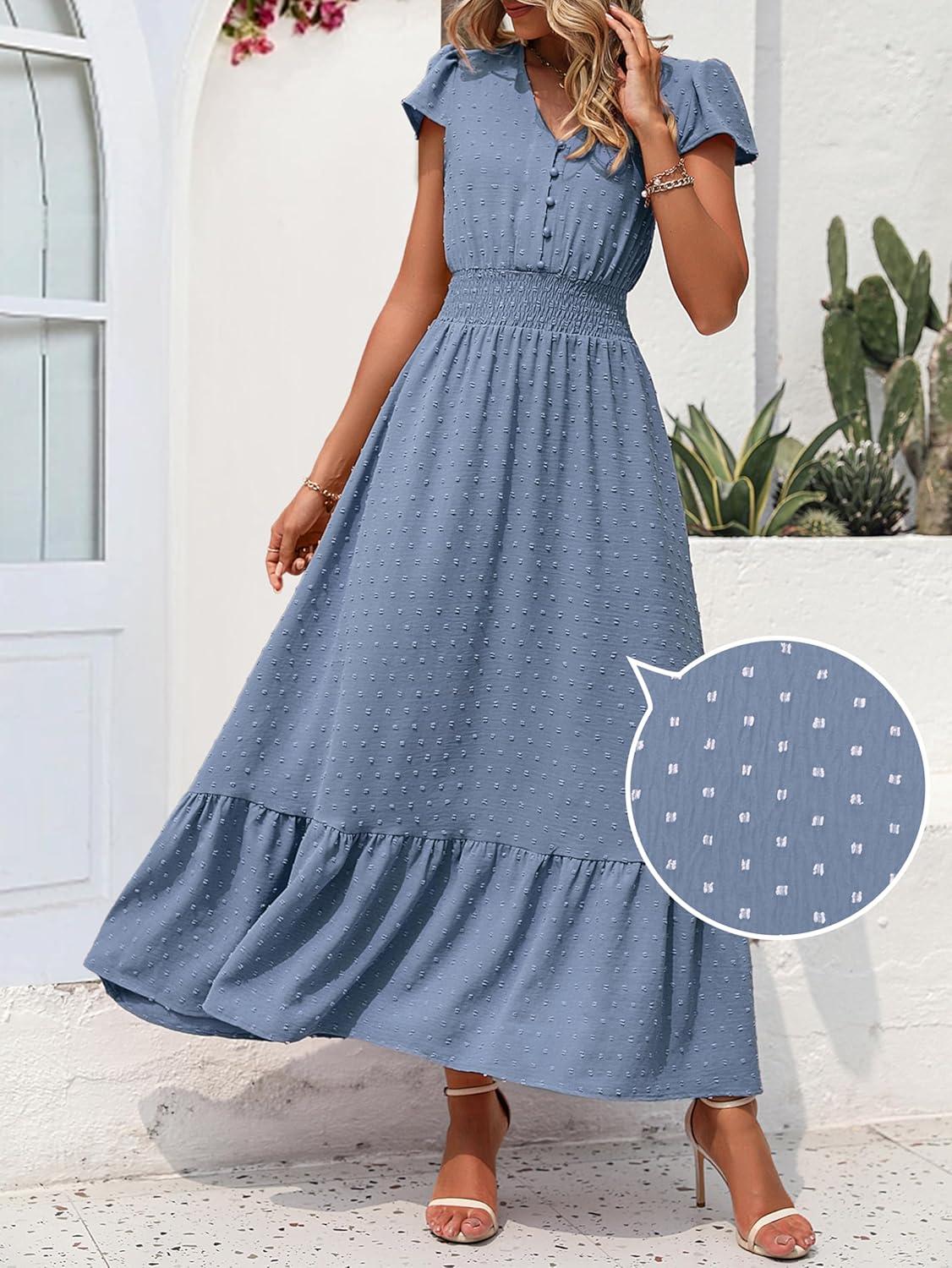 imagePRETTYGARDEN Womens Dresses 2026 Summer Maxi Dress Boho Short Sleeve V Neck Swiss Dot Ruffle Tiered Smocked Flowy Long DressZ02grey Blue