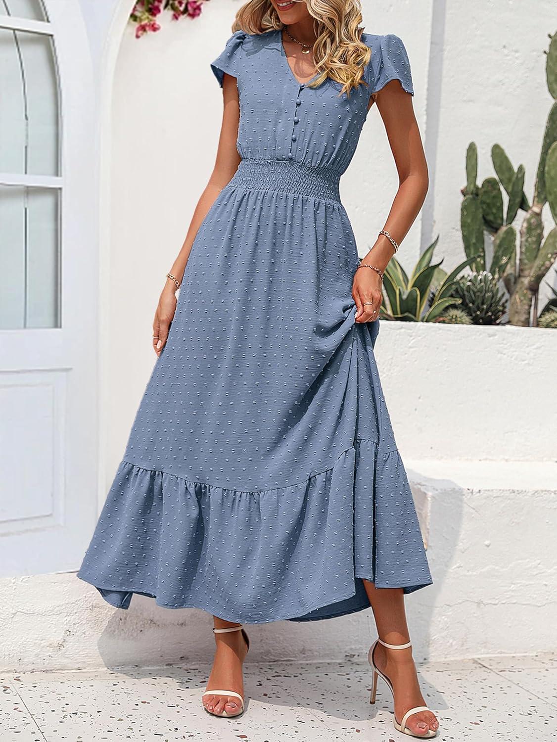 imagePRETTYGARDEN Womens Dresses 2026 Summer Maxi Dress Boho Short Sleeve V Neck Swiss Dot Ruffle Tiered Smocked Flowy Long DressZ02grey Blue