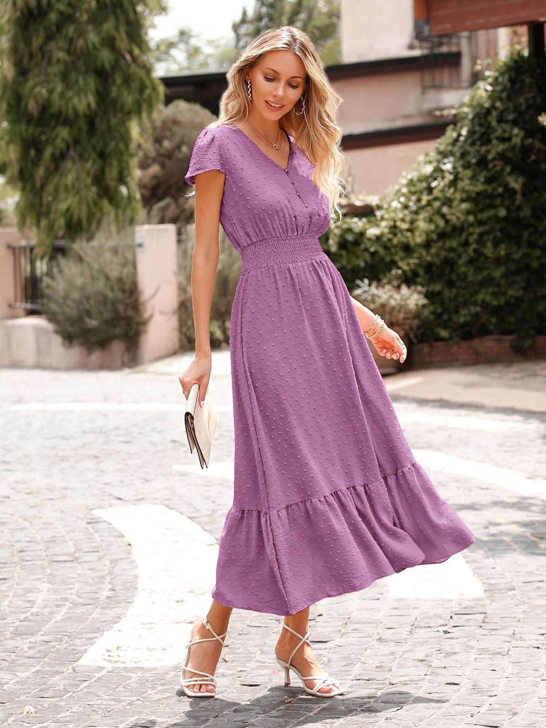 imagePRETTYGARDEN Womens Dresses 2026 Summer Maxi Dress Boho Short Sleeve V Neck Swiss Dot Ruffle Tiered Smocked Flowy Long DressZ02purple