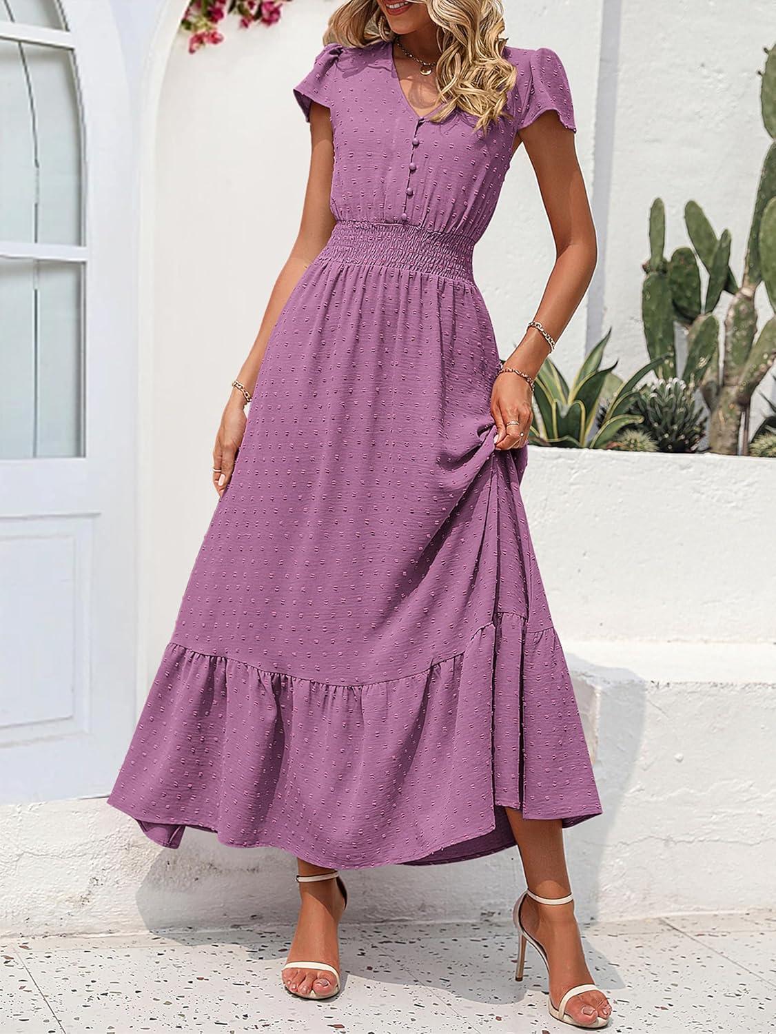 imagePRETTYGARDEN Womens Dresses 2026 Summer Maxi Dress Boho Short Sleeve V Neck Swiss Dot Ruffle Tiered Smocked Flowy Long DressZ02purple