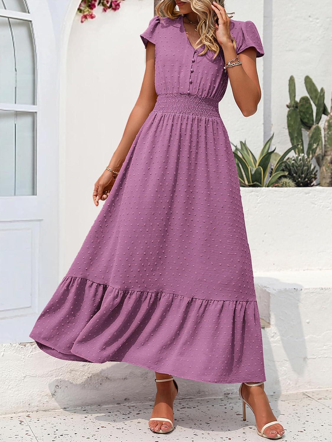 imagePRETTYGARDEN Womens Dresses 2026 Summer Maxi Dress Boho Short Sleeve V Neck Swiss Dot Ruffle Tiered Smocked Flowy Long DressZ02purple