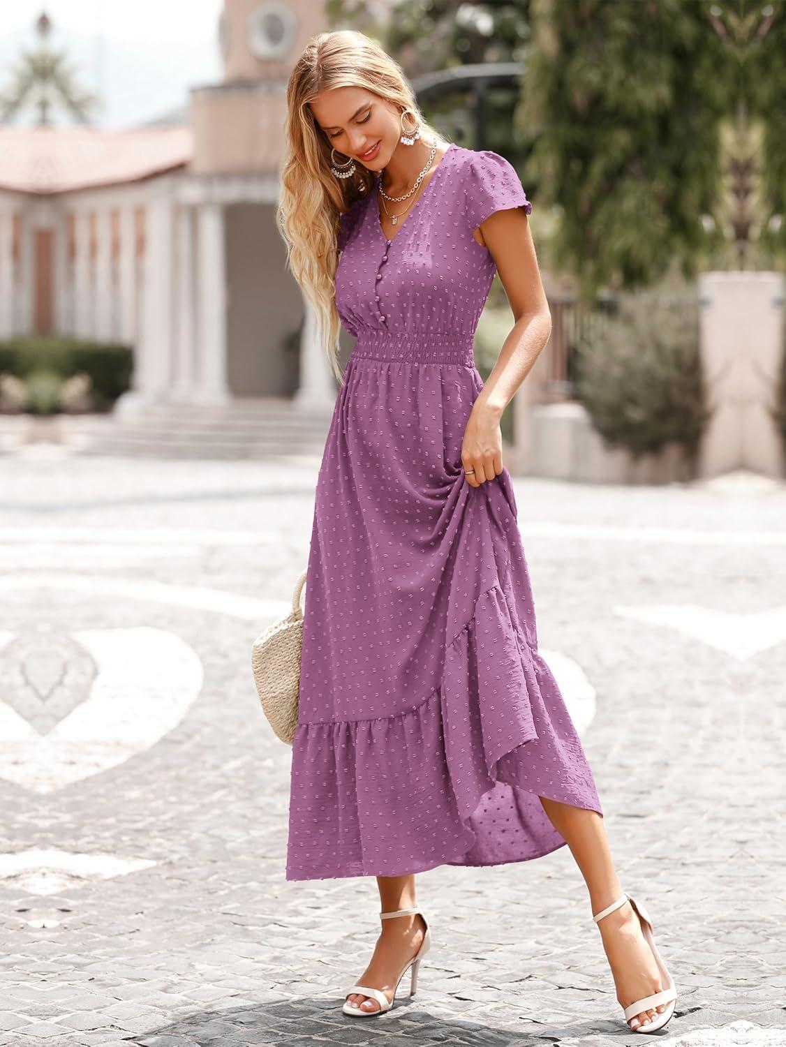 imagePRETTYGARDEN Womens Dresses 2026 Summer Maxi Dress Boho Short Sleeve V Neck Swiss Dot Ruffle Tiered Smocked Flowy Long DressZ02purple