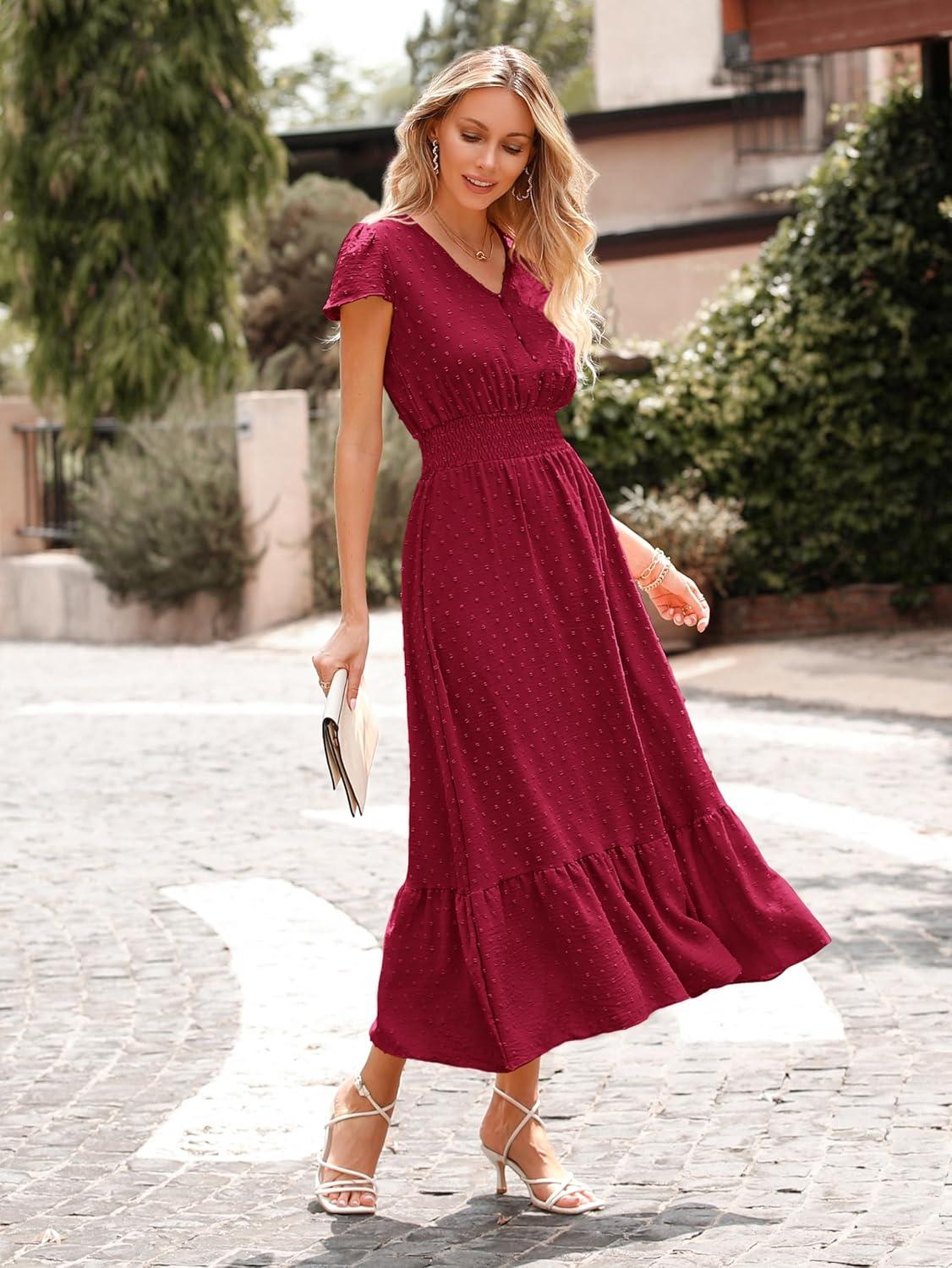imagePRETTYGARDEN Womens Dresses 2026 Summer Maxi Dress Boho Short Sleeve V Neck Swiss Dot Ruffle Tiered Smocked Flowy Long DressZ02red