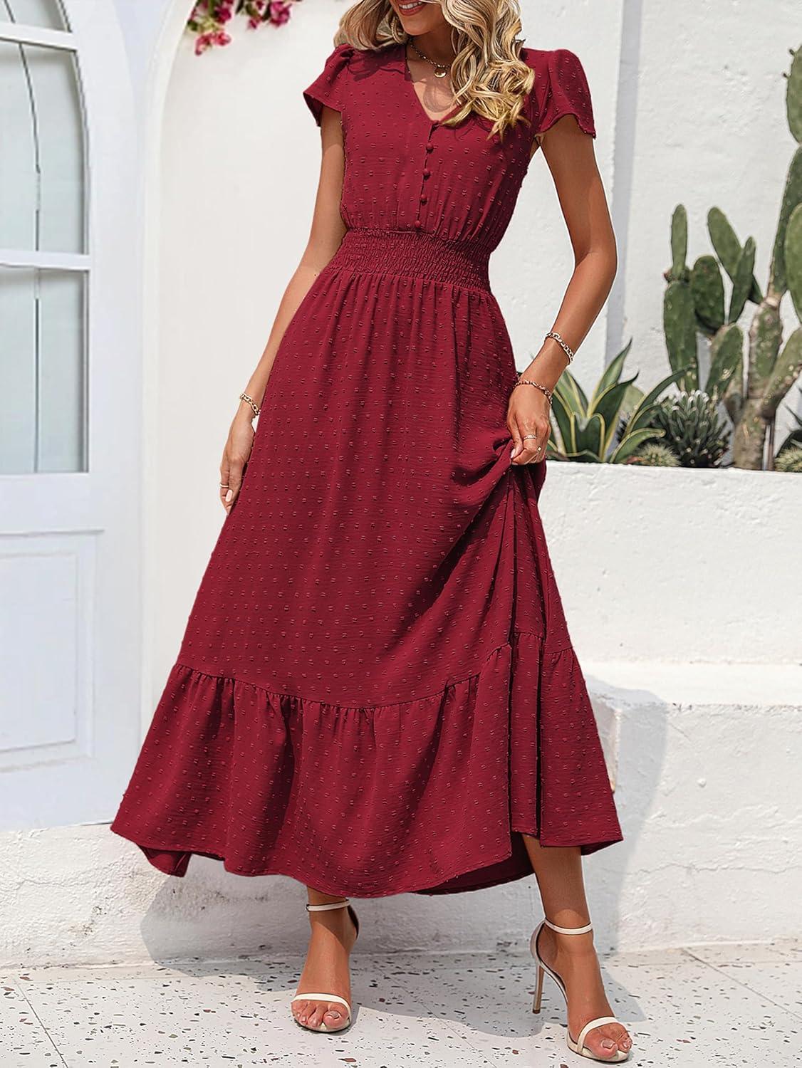 imagePRETTYGARDEN Womens Dresses 2026 Summer Maxi Dress Boho Short Sleeve V Neck Swiss Dot Ruffle Tiered Smocked Flowy Long DressZ02red