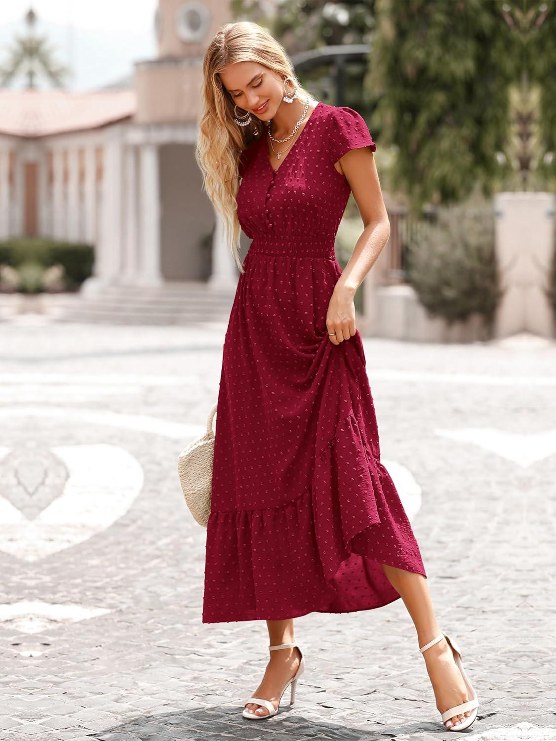 imagePRETTYGARDEN Womens Dresses 2026 Summer Maxi Dress Boho Short Sleeve V Neck Swiss Dot Ruffle Tiered Smocked Flowy Long DressZ02red