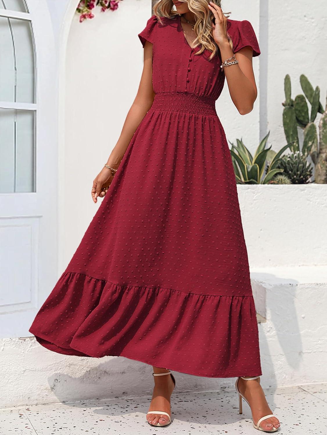imagePRETTYGARDEN Womens Dresses 2026 Summer Maxi Dress Boho Short Sleeve V Neck Swiss Dot Ruffle Tiered Smocked Flowy Long DressZ02red