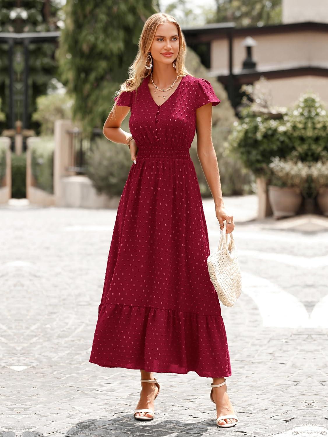 imagePRETTYGARDEN Womens Dresses 2026 Summer Maxi Dress Boho Short Sleeve V Neck Swiss Dot Ruffle Tiered Smocked Flowy Long DressZ02red