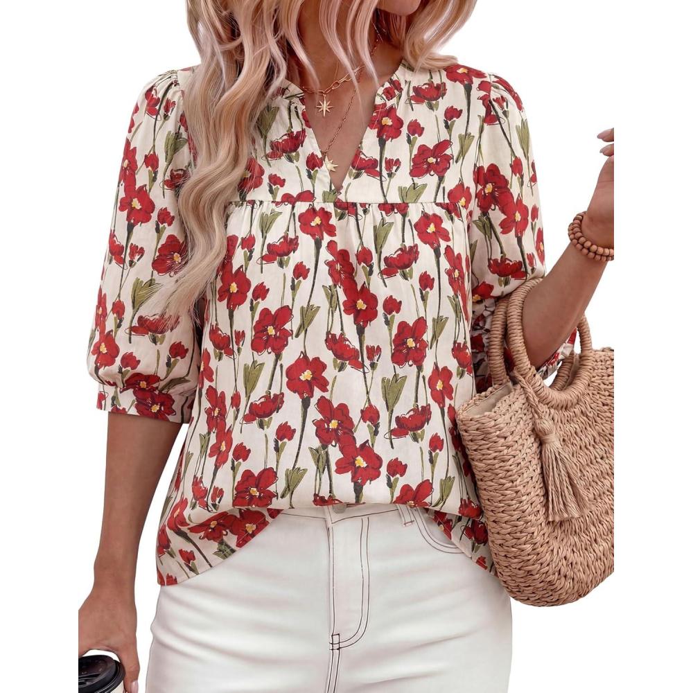 imagePRETTYGARDEN Womens 2026 Summer Floral Blouses Dressy Casual Half Sleeve V Neck Going Out Boho Tops Spring Fashion ClothingFloral Apricot Red