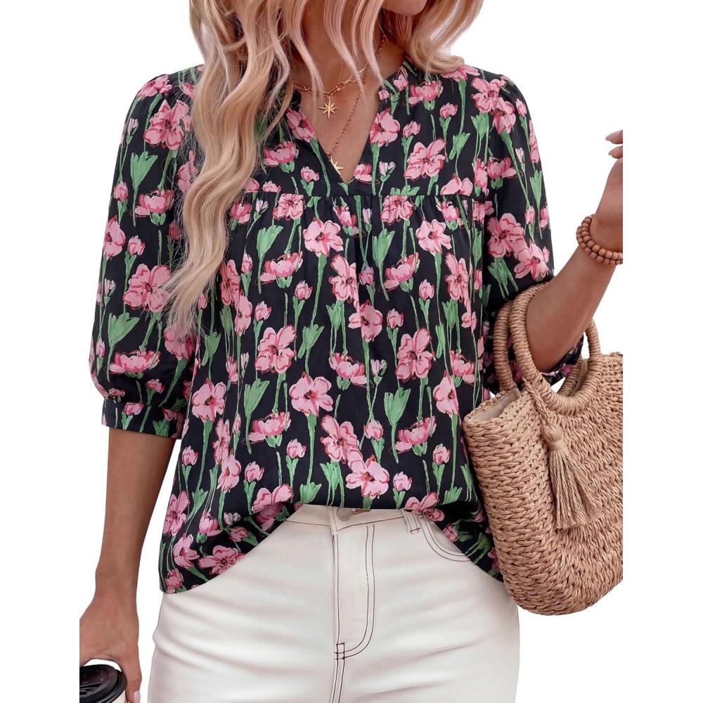 imagePRETTYGARDEN Womens 2026 Summer Floral Blouses Dressy Casual Half Sleeve V Neck Going Out Boho Tops Spring Fashion ClothingFloral Black Pink
