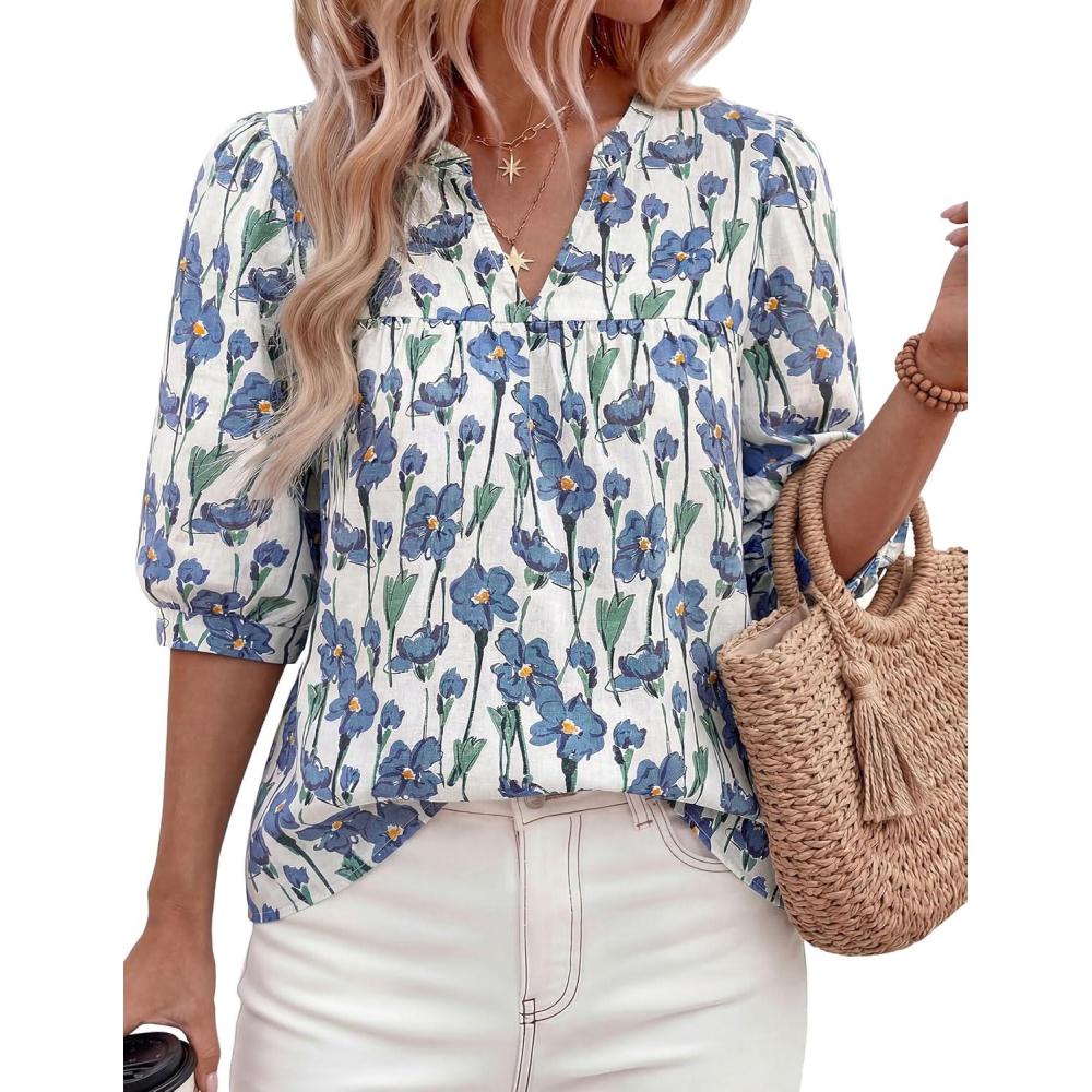 imagePRETTYGARDEN Womens 2026 Summer Floral Blouses Dressy Casual Half Sleeve V Neck Going Out Boho Tops Spring Fashion ClothingFloral White Blue