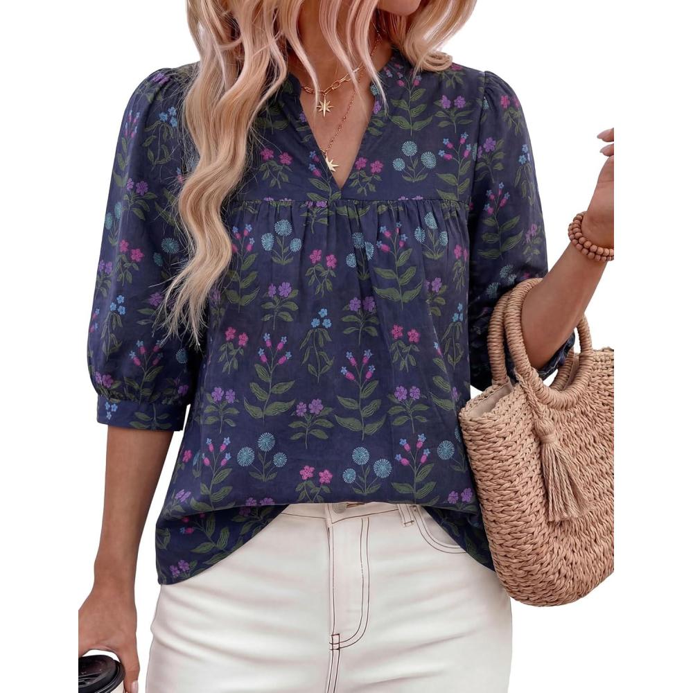 imagePRETTYGARDEN Womens 2026 Summer Floral Blouses Dressy Casual Half Sleeve V Neck Going Out Boho Tops Spring Fashion ClothingNavy Blue