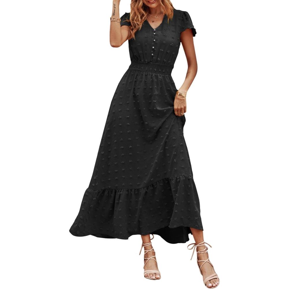 imagePRETTYGARDEN Womens Dresses 2026 Summer Maxi Dress Boho Short Sleeve V Neck Swiss Dot Ruffle Tiered Smocked Flowy Long DressBlack