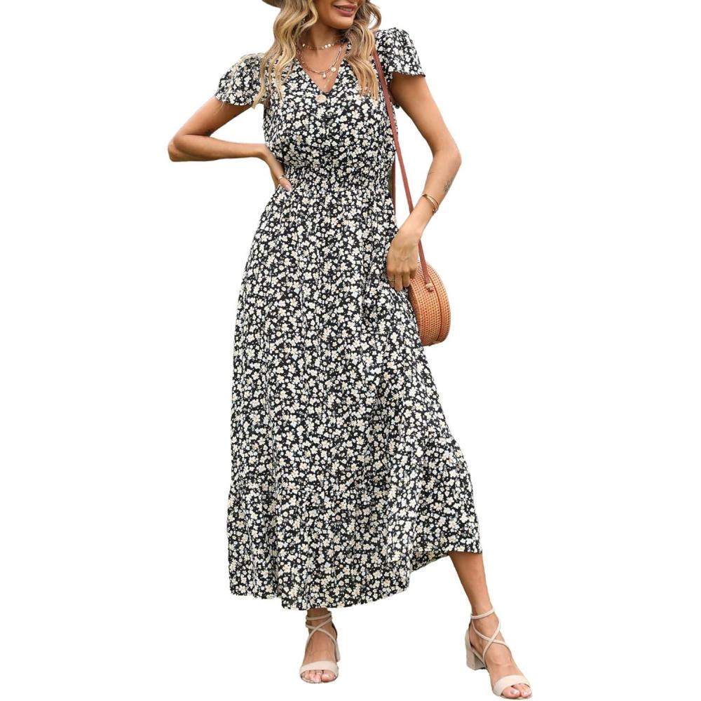 imagePRETTYGARDEN Womens Dresses 2026 Summer Maxi Dress Boho Short Sleeve V Neck Swiss Dot Ruffle Tiered Smocked Flowy Long DressBlack Apricot