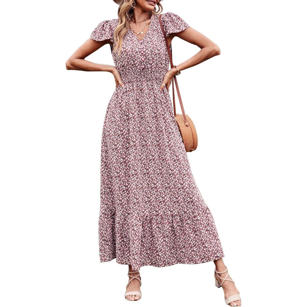 imagePRETTYGARDEN Womens Dresses 2026 Summer Maxi Dress Boho Short Sleeve V Neck Swiss Dot Ruffle Tiered Smocked Flowy Long DressCoffee Pink