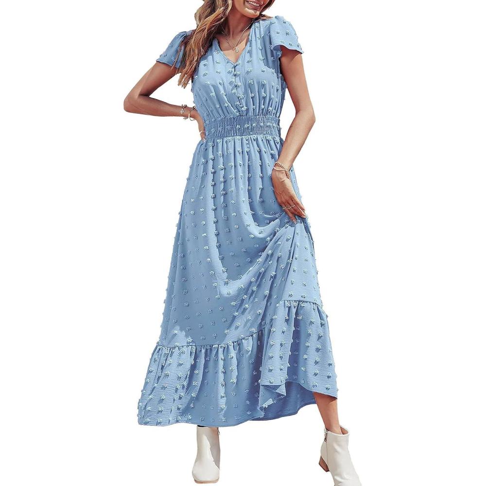 imagePRETTYGARDEN Womens Dresses 2026 Summer Maxi Dress Boho Short Sleeve V Neck Swiss Dot Ruffle Tiered Smocked Flowy Long DressLight Blue